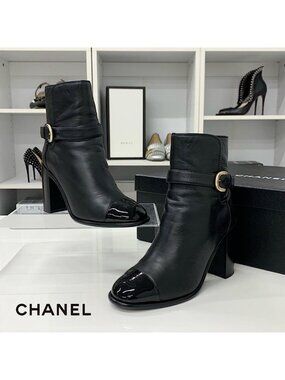 Chanel CC Logo Belt Leather Patent Short Boots Black